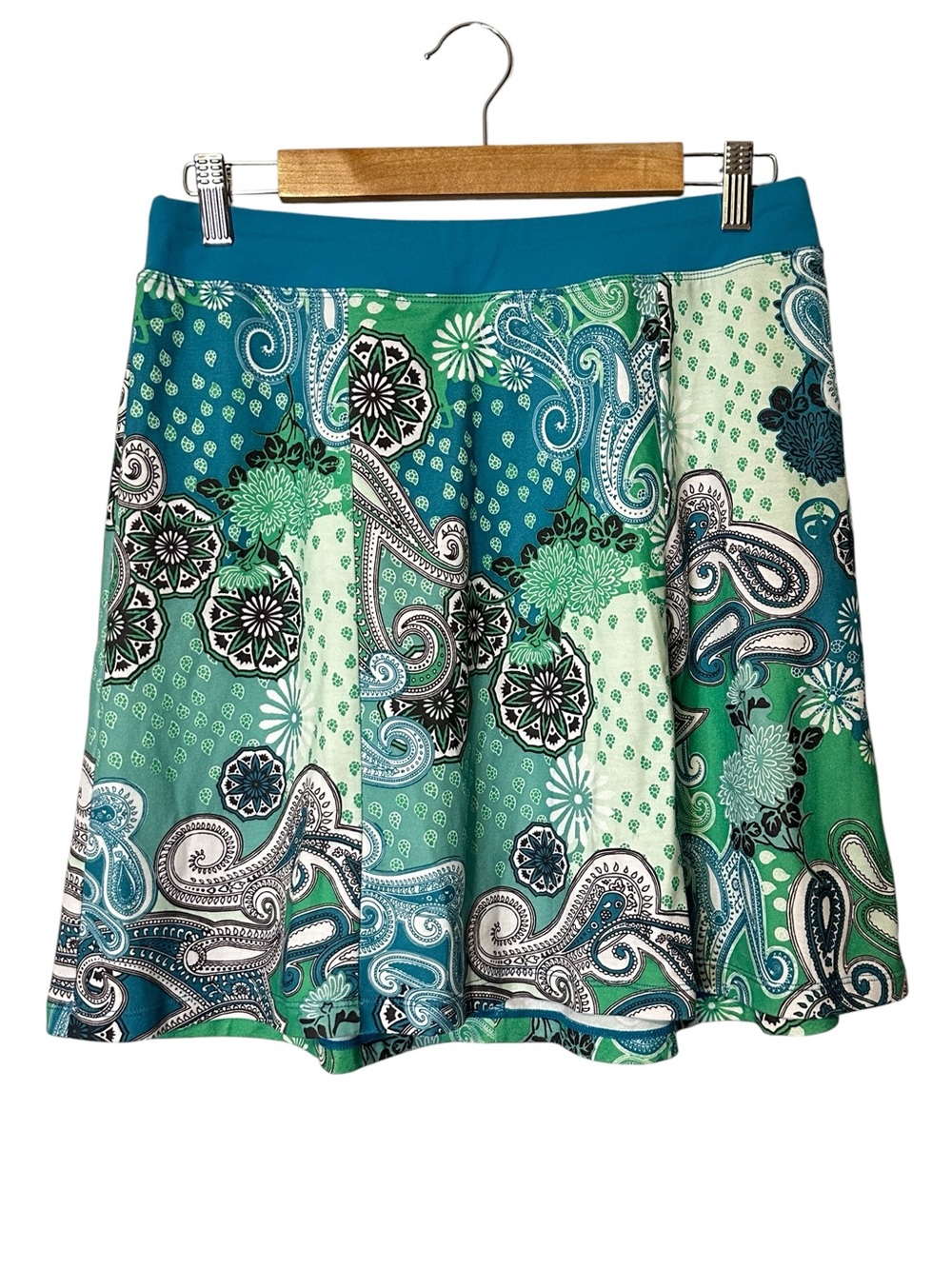 PrAna Paisley Aqua Teal Pull On Skirt Boho Coastal Travel Activewear Size Small